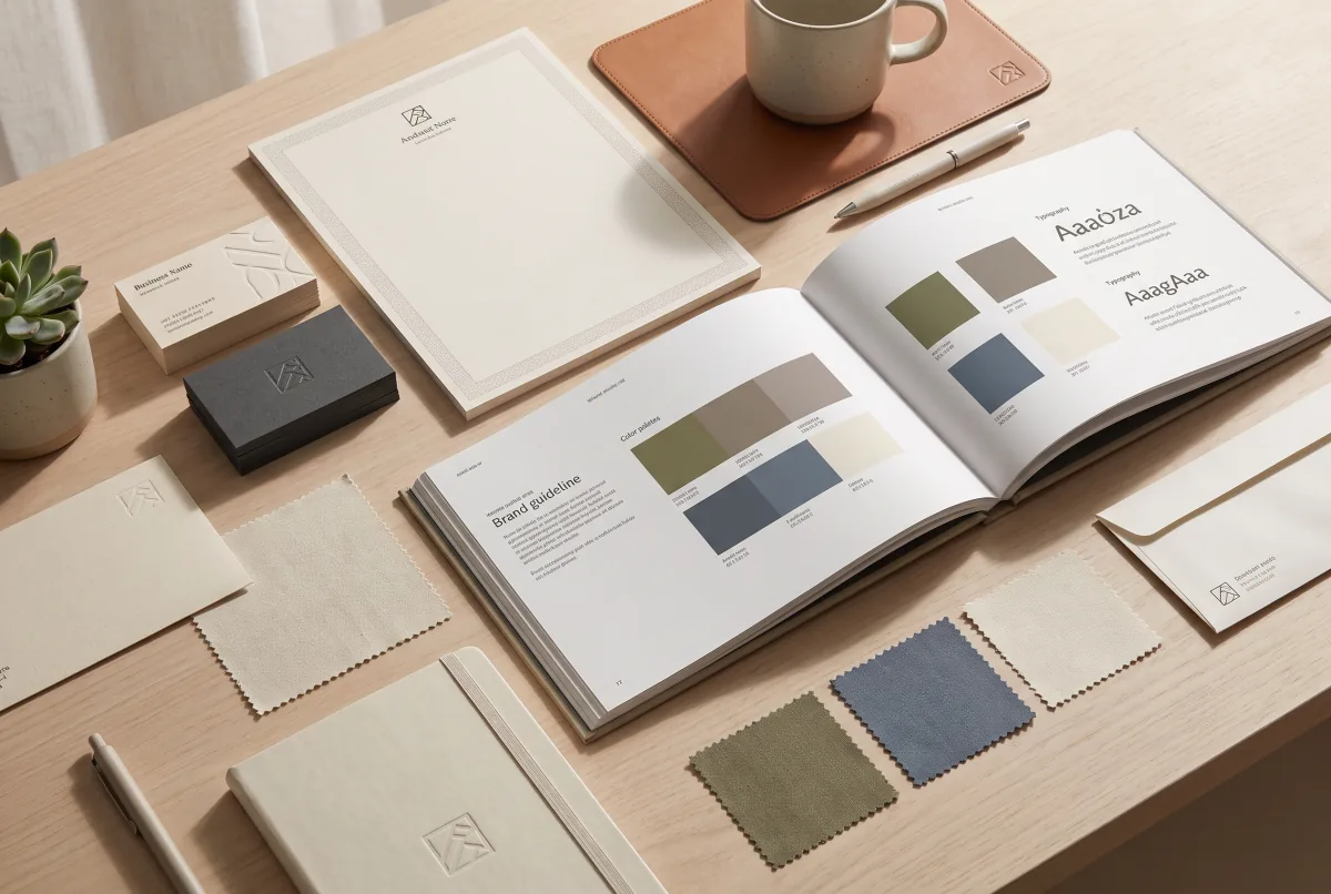 Brand identity system laid out across print and screen