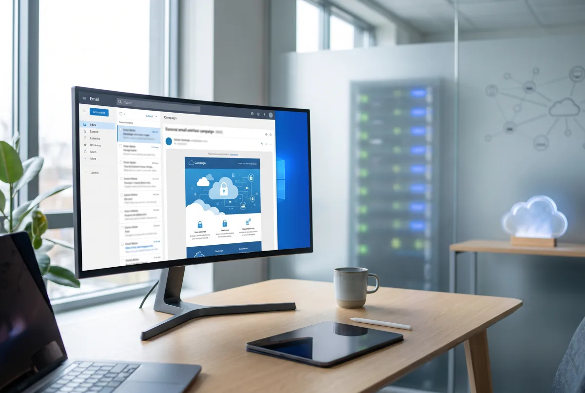 Business email inbox on a laptop beside server infrastructure