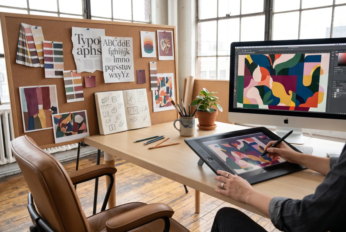 Print and digital design collateral arranged on a surface