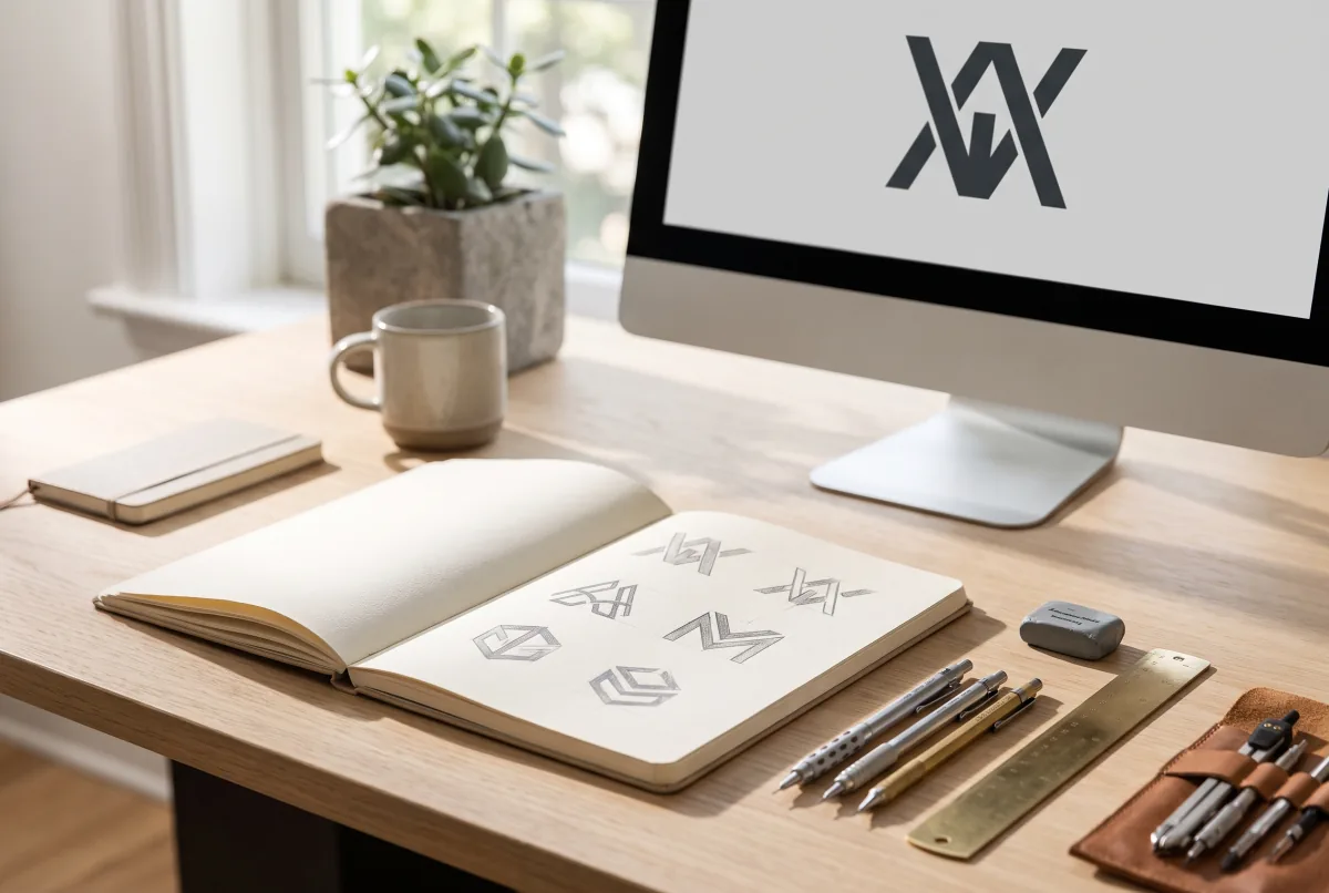 Logo design concepts laid out on a studio desk