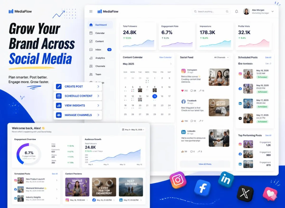 Social media content calendar and post previews